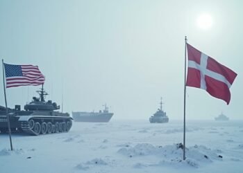 Cold Arctic landscape with American and Danish flags symbolizing tension over Greenland
