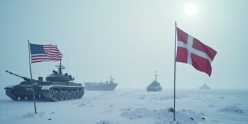 Cold Arctic landscape with American and Danish flags symbolizing tension over Greenland