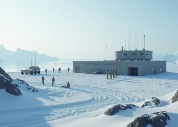 منظر لقاعدة عسكرية في غرينلاند مع أفراد عسكريين وبيئة قطبية.