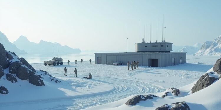 منظر لقاعدة عسكرية في غرينلاند مع أفراد عسكريين وبيئة قطبية.