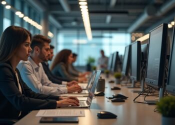 صورة لمكتب حديث حيث يعمل الأفراد على أجهزة الكمبيوتر بجو فيه تباعد عن العمل.