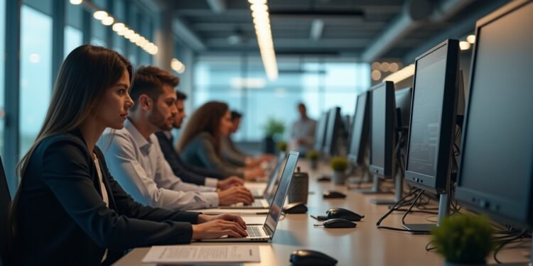 صورة لمكتب حديث حيث يعمل الأفراد على أجهزة الكمبيوتر بجو فيه تباعد عن العمل.