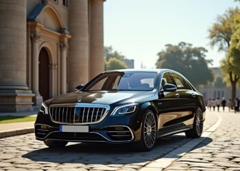 A new Mercedes-Benz S-Class displayed at a historical site celebrating 140 years of automotive history.