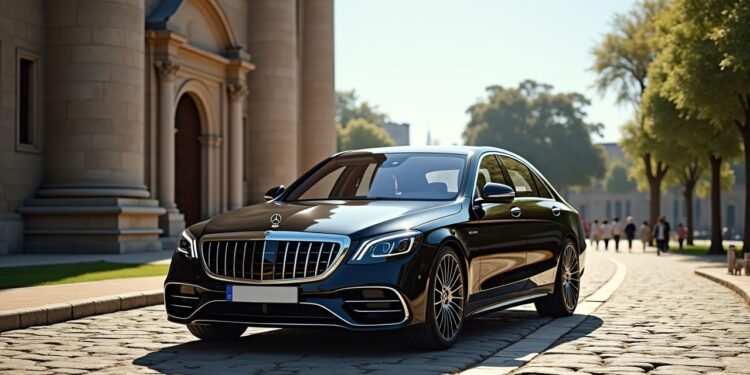 A new Mercedes-Benz S-Class displayed at a historical site celebrating 140 years of automotive history.