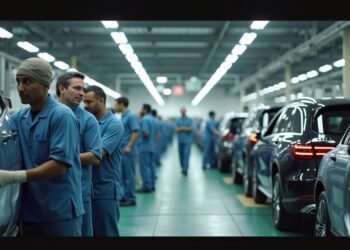 صورة لمصنع مرسيدس بنز في ألاباما حيث يقوم العمال بتجميع السيارات.