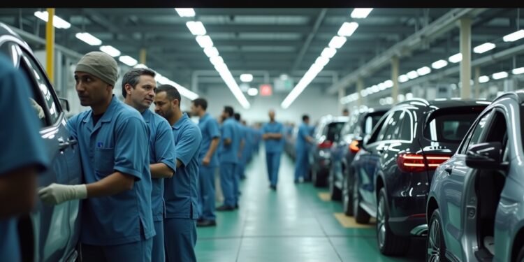 صورة لمصنع مرسيدس بنز في ألاباما حيث يقوم العمال بتجميع السيارات.