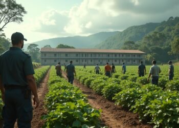 صورة توضح جزيرة غورغونا، آخر مستعمرة سجنية في أوروبا، تظهر السجناء والحرّاس.