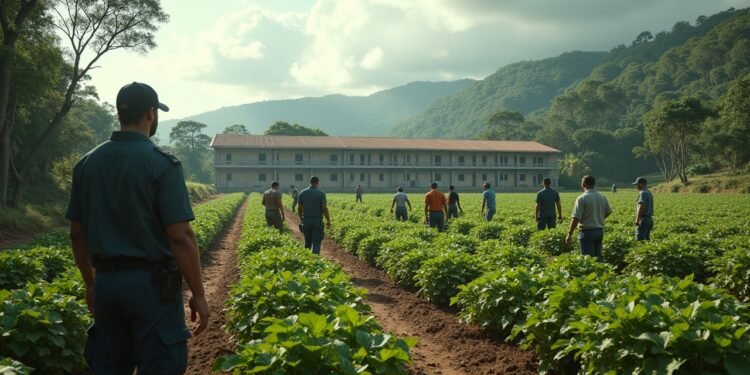 صورة توضح جزيرة غورغونا، آخر مستعمرة سجنية في أوروبا، تظهر السجناء والحرّاس.