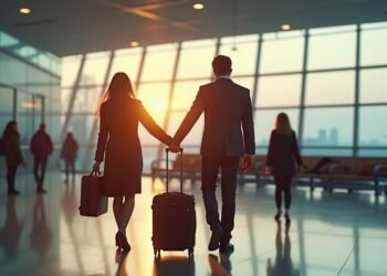 صورة واقعية لزوجين رومنسيين يستعدان للسفر من مطار هانوفر