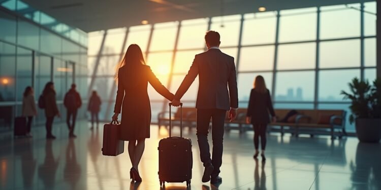 صورة واقعية لزوجين رومنسيين يستعدان للسفر من مطار هانوفر