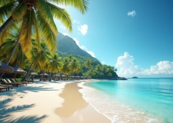 A sunny Caribbean beach with palm trees and affordable resorts.