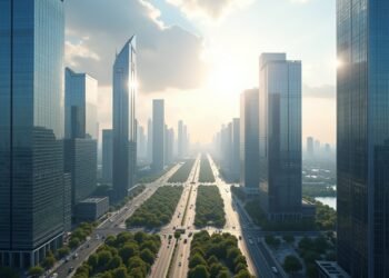 صورة واقعية لناطحات السحاب في مدينة حديثة، بألوان طبيعية وإضاءة طبيعية.