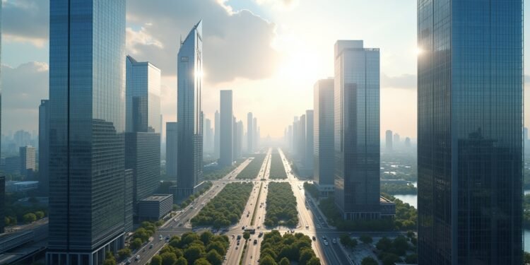 صورة واقعية لناطحات السحاب في مدينة حديثة، بألوان طبيعية وإضاءة طبيعية.