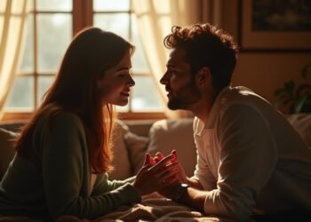 A couple discussing their intimate desires openly in a warm environment.