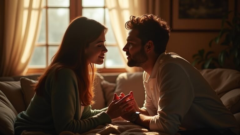 A couple discussing their intimate desires openly in a warm environment.