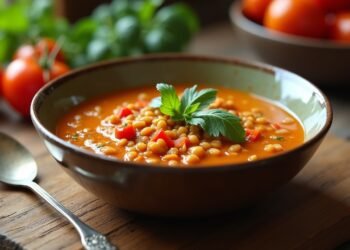 صورة توضح حساء العدس النباتي مع الخضروات على طاولة خشبية