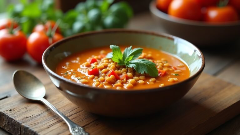 صورة توضح حساء العدس النباتي مع الخضروات على طاولة خشبية