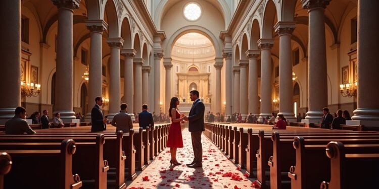 A historic church in Rome decorated for Valentine's Day, couples exchanging gifts