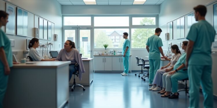 صورة واقعية لعيادة طبية في براندنبورغ مع مهنيي الرعاية الصحية يتفاعلون مع المرضى.