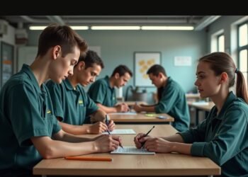 صورة لمركز تدريب مهني يظهر شاب يقوم بالتدريب العملي ضمن مجموعة من المتدربين.