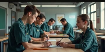 صورة لمركز تدريب مهني يظهر شاب يقوم بالتدريب العملي ضمن مجموعة من المتدربين.