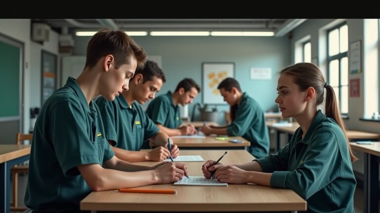 صورة لمركز تدريب مهني يظهر شاب يقوم بالتدريب العملي ضمن مجموعة من المتدربين.