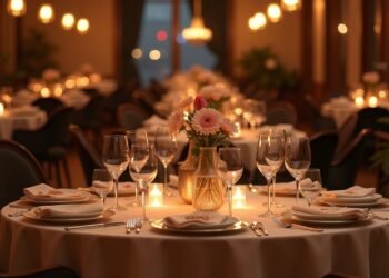 Setting for a romantic dinner with candles and flowers in a restaurant