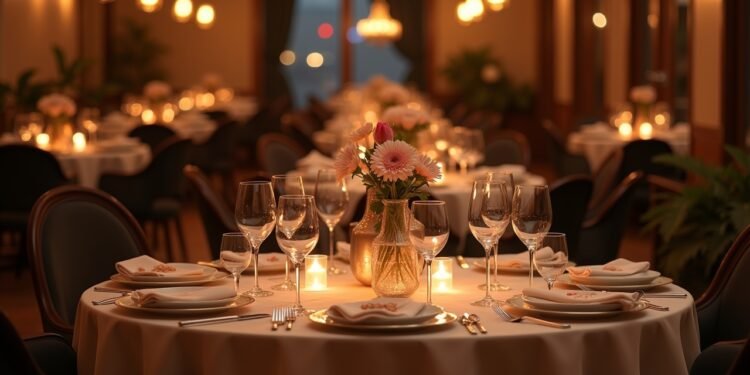 Setting for a romantic dinner with candles and flowers in a restaurant
