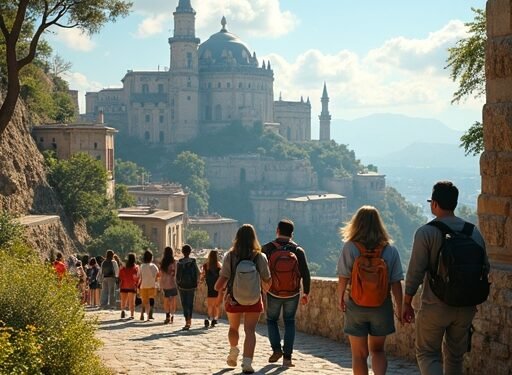 صورة بالذكاء الاصطناعي تحاكي مجموعة من المسافرين في وجهة سياحية تجمع بين المعالم الطبيعية والتاريخية وتنعكس فيها حيوية السفر لعام 2026