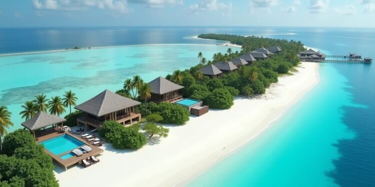 صورة فاخرة لمنتجع في المالديف يضم فيلات خاصة مع حمامات سباحة على شواطئ رملية بيضاء