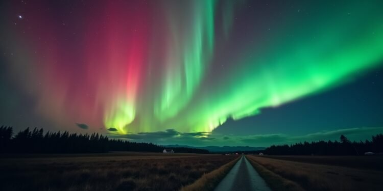 شفق قطبي يتلألأ في سماء بايرن المظلمة، بألوان حمراء وخضراء مميزة