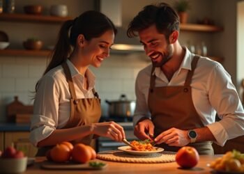 Couple smiling while cooking together for Valentine's Day in a cozy kitchen