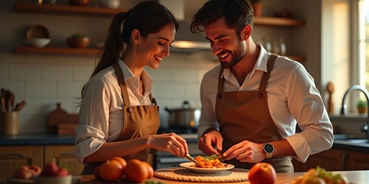 Couple smiling while cooking together for Valentine's Day in a cozy kitchen