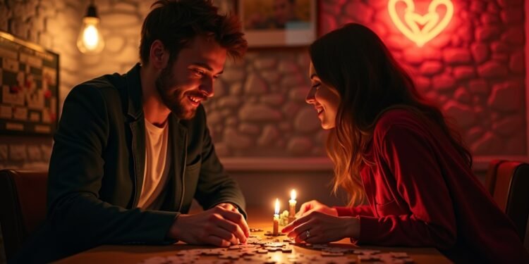 Couple enjoying a romantic moment in an escape room during Valentine's Day