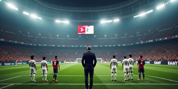 صورة بالذكاء الاصطناعي تحاكي لحظة مغادرة مدرب ريال مدريد الميدان بعد الخسارة أمام برشلونة في نهائي سوبر كأس إسبانيا وسط احتفال لاعبي برشلونة وحزن لاعبي الريال