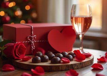 صورة واقعية للاحتفال بعيد الحب مع هدايا مثل الشوكولاتة والورود