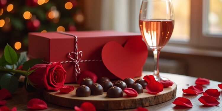 صورة واقعية للاحتفال بعيد الحب مع هدايا مثل الشوكولاتة والورود