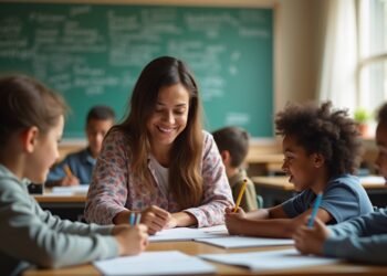 فصل دراسي متنوع مع طلاب ومعلم من خلفية مهاجرة يتفاعلون خلال درس