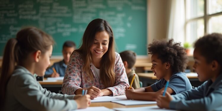 فصل دراسي متنوع مع طلاب ومعلم من خلفية مهاجرة يتفاعلون خلال درس