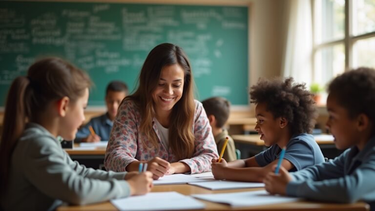 فصل دراسي متنوع مع طلاب ومعلم من خلفية مهاجرة يتفاعلون خلال درس