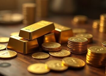 صور واقعية لسبائك الذهب والعملات المعدنية في بيئة سوق مالية