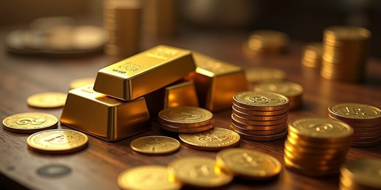 صور واقعية لسبائك الذهب والعملات المعدنية في بيئة سوق مالية