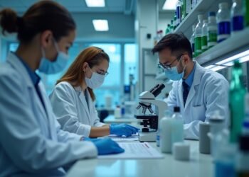 Scientists examining immune cells in a cancer research lab