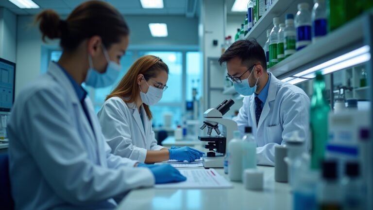 Scientists examining immune cells in a cancer research lab