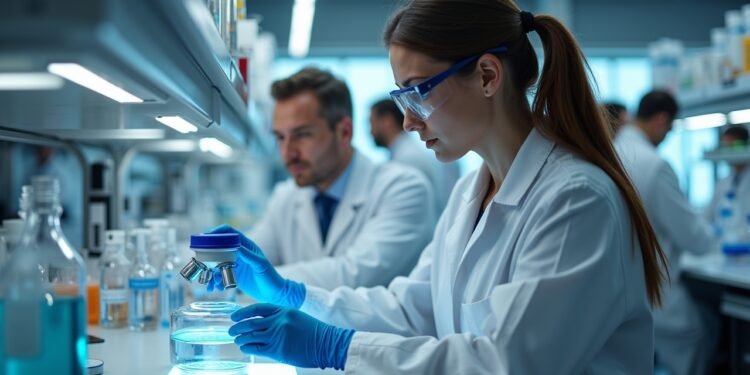 Scientists in a lab studying brain cancer research