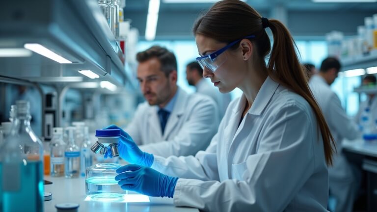 Scientists in a lab studying brain cancer research