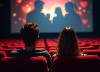 زوجان يجلسان في دار سينما يشاهدان فيلمًا رومانسيًا في عيد الحب