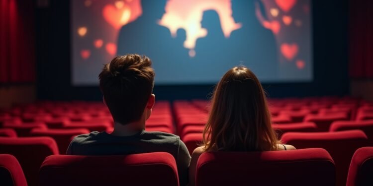 زوجان يجلسان في دار سينما يشاهدان فيلمًا رومانسيًا في عيد الحب