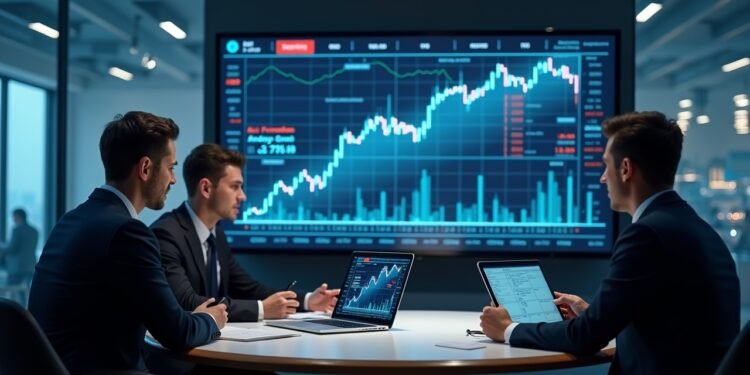 صورة بالذكاء الاصطناعي تحاكي مشهداً إخبارياً مالياً مع مخططات الأسهم وشعار FIRI وتداولات المستثمرين وتحليل السوق.