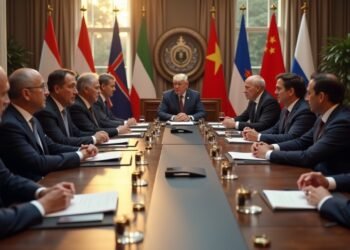 Scene depicting a diplomatic meeting with international representatives discussing issues related to Greenland